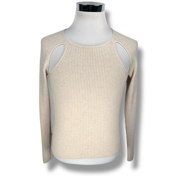 Reformation Cutout Shoulder Sweater Womens Large Cream 100% Cashmere Ribbed Knit - Picture 1 of 10